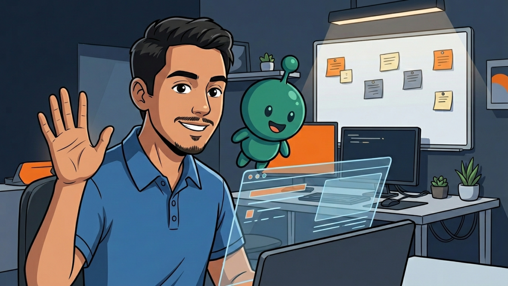 Santi, founder of Zapiens, looking at a screen with Zappy the robot floating near his shoulder in a creative workspace.