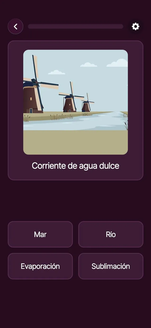 Prueba de opción múltiple en Zapiens: «Corriente de agua dulce» con cuatro respuestas