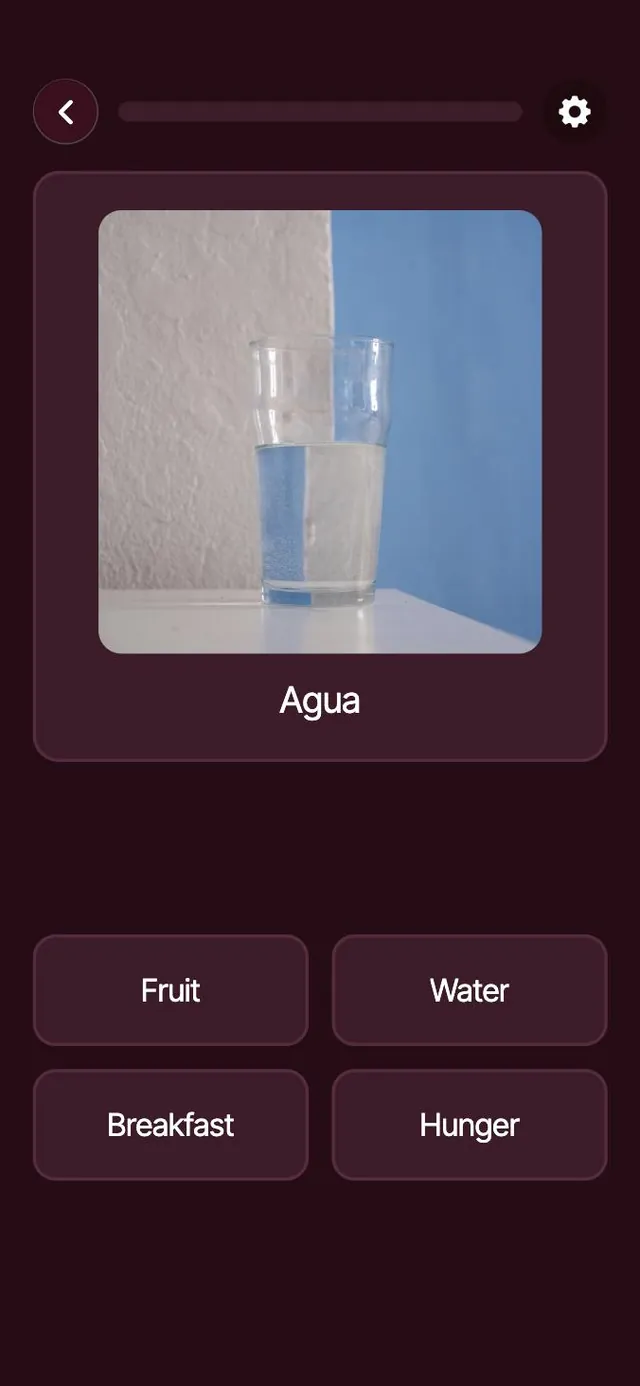 Prueba de vocabulario español → inglés: «Agua» con cuatro respuestas